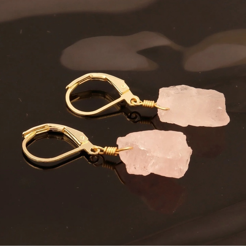 Raw Rose Quartz Gold Earrings